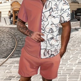 Abstract Painting Print, Men's 2Pcs Outfits, Casual Camp Collar Lapel Button Up Short Sleeve Shirts Hawaiian Shirt And Drawstring Shorts Set For Summer, Men's Clothing