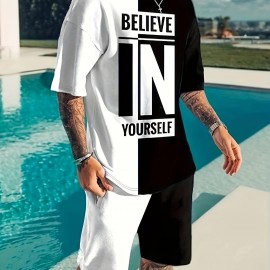Believe In Yourself Print, Men's 2Pcs Outfits, Casual Crew Neck Short Sleeve T-shirt And Drawstring Shorts Set For Summer, Men's Clothing