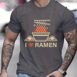 Ramen Lover Pattern Print Men's Comfy Slightly Stretch T-shirt, Graphic Tee Men's Summer Clothes, Men's Casual Outfits For Sports Fitness