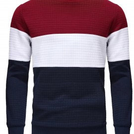 Three Color Block  Trendy Sweatshirt, Men's Casual Classic Design Crew Neck Pullover Sweatshirt For Men Fall Winter
